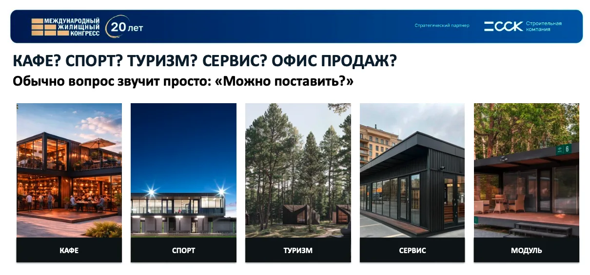 Фрагмент презентации Ильи Лисовского: типовые форматы некапитальных объектов — от кафе и сервиса до туризма и офиса продаж.