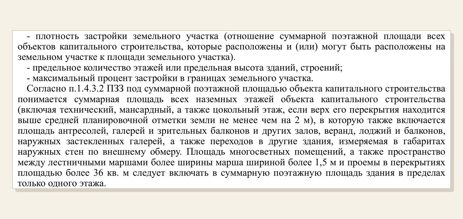 Фрагмент ПЗЗ с определением плотности застройки и правилами расчёта суммарной поэтажной площади.