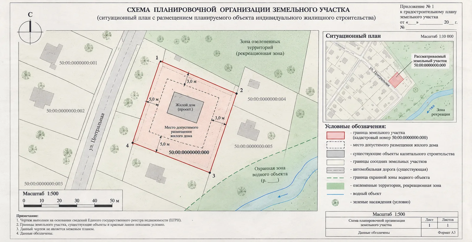 Ситуационный план земельного участка с границами территории и предполагаемым размещением жилого дома