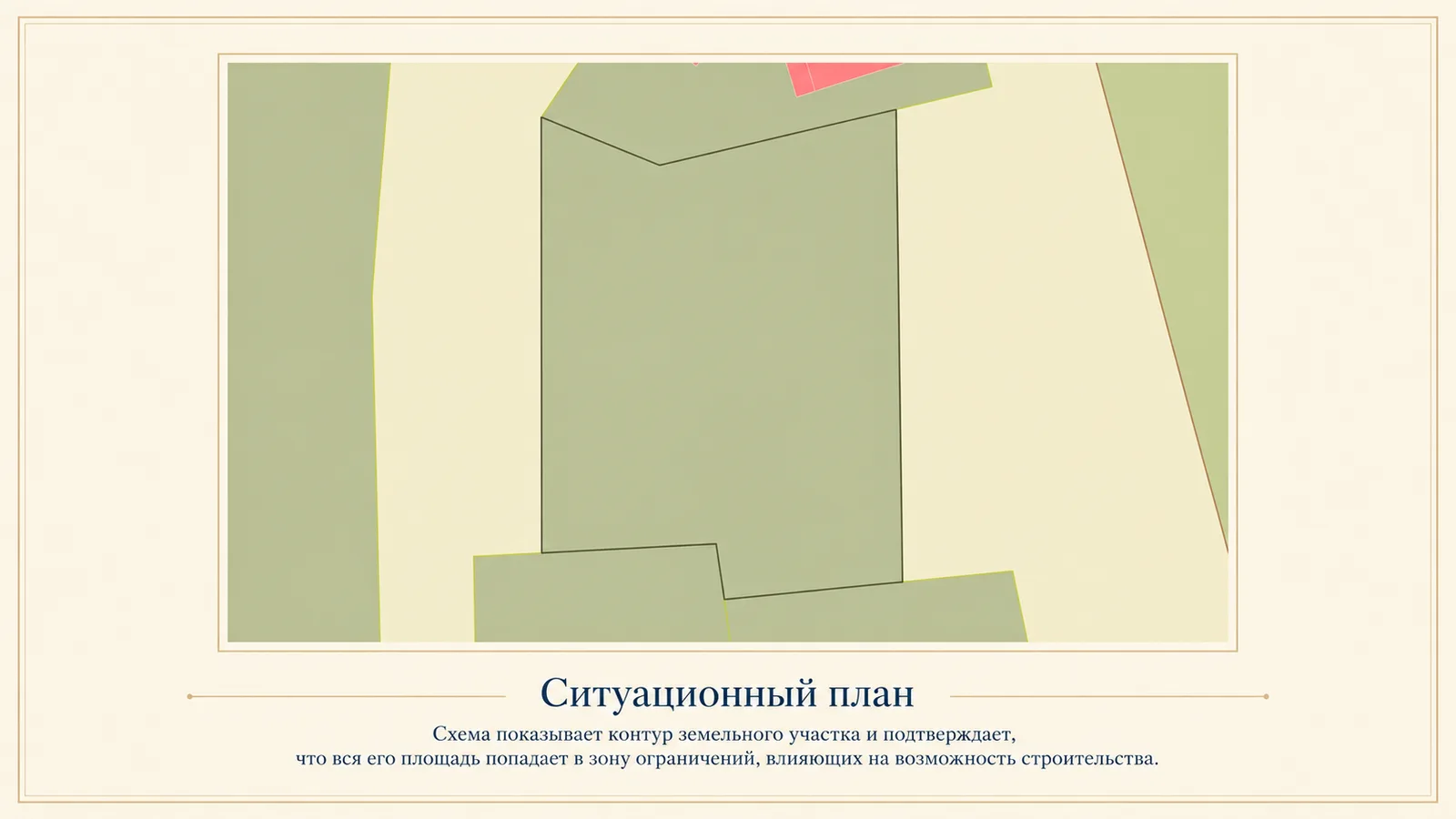 Схема показывает контур земельного участка и его расположение относительно территорий с установленными ограничениями
