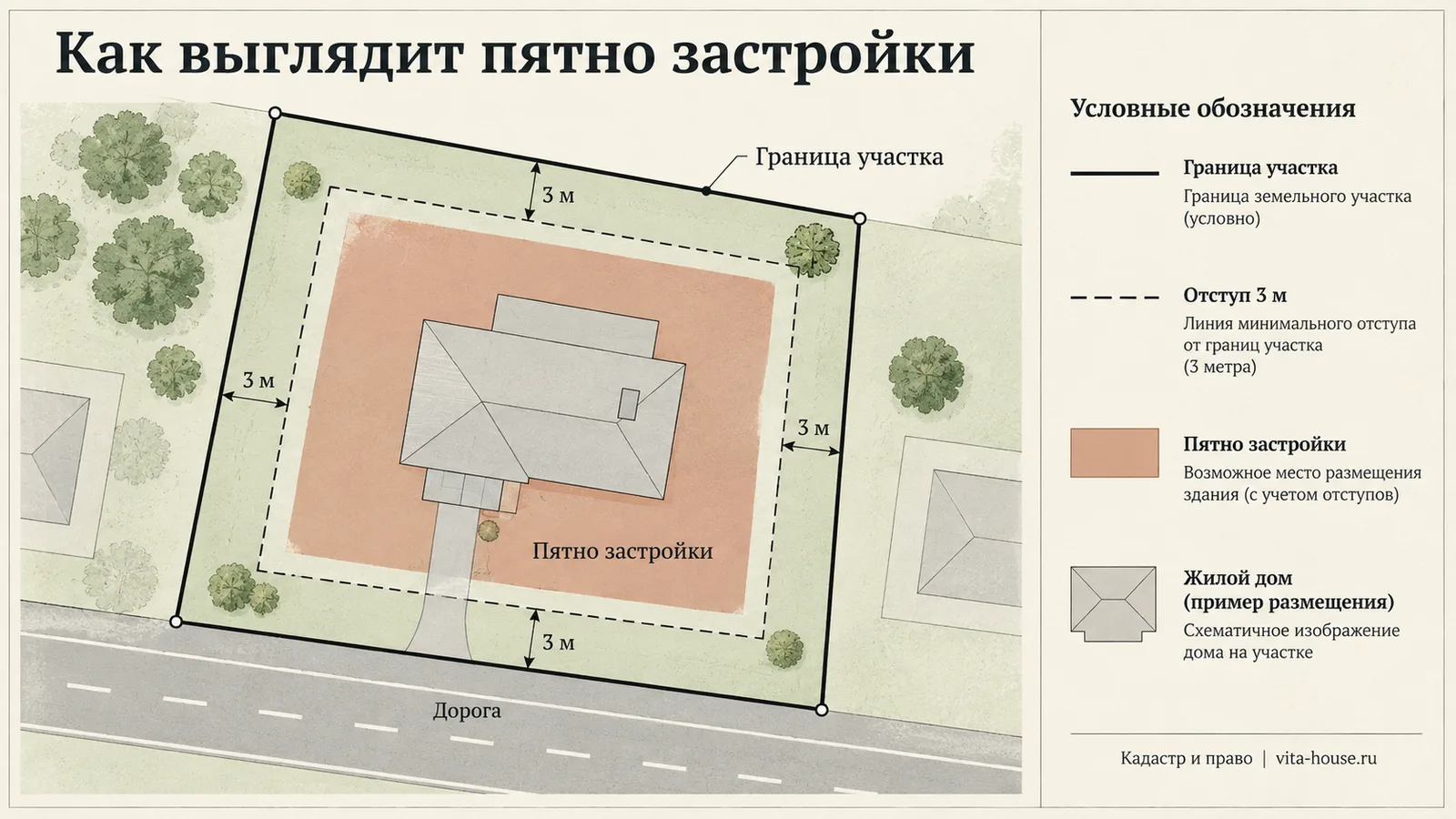 Пример пятна застройки с учётом отступов от границ участка. Кадастр и право | vita-house.ru