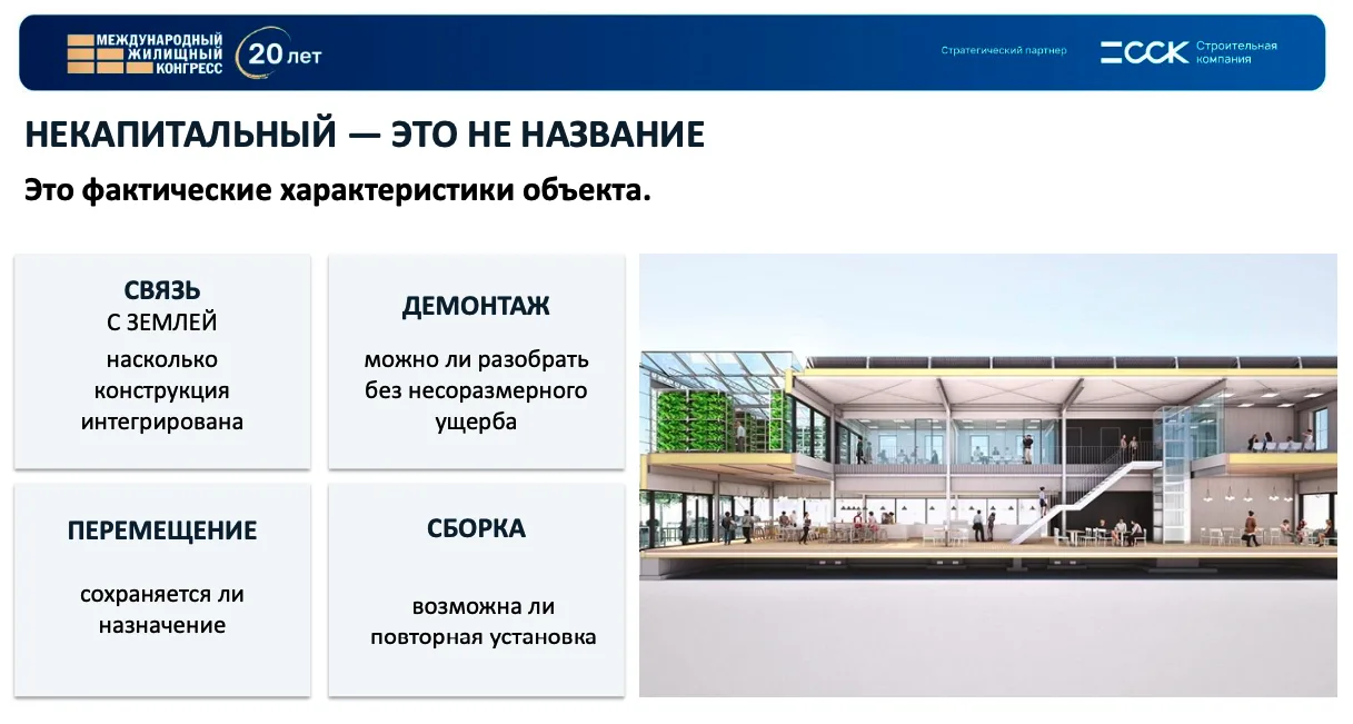 Фрагмент презентации Ильи Лисовского: принадлежность сооружения к некапитальным объектам определяется его конструктивными характеристиками, а не названием.